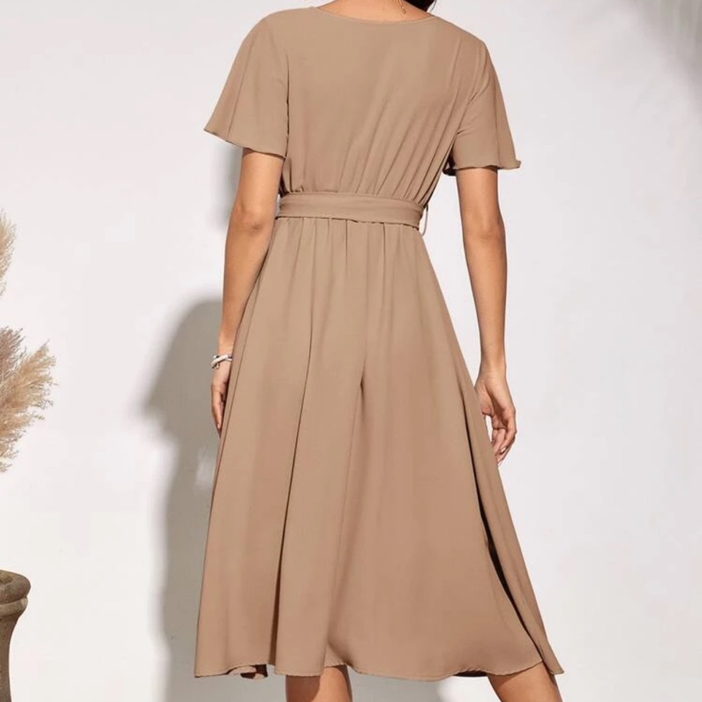 V neck flutter short sleeve faux wrap midi dress - Picture 13 of 16